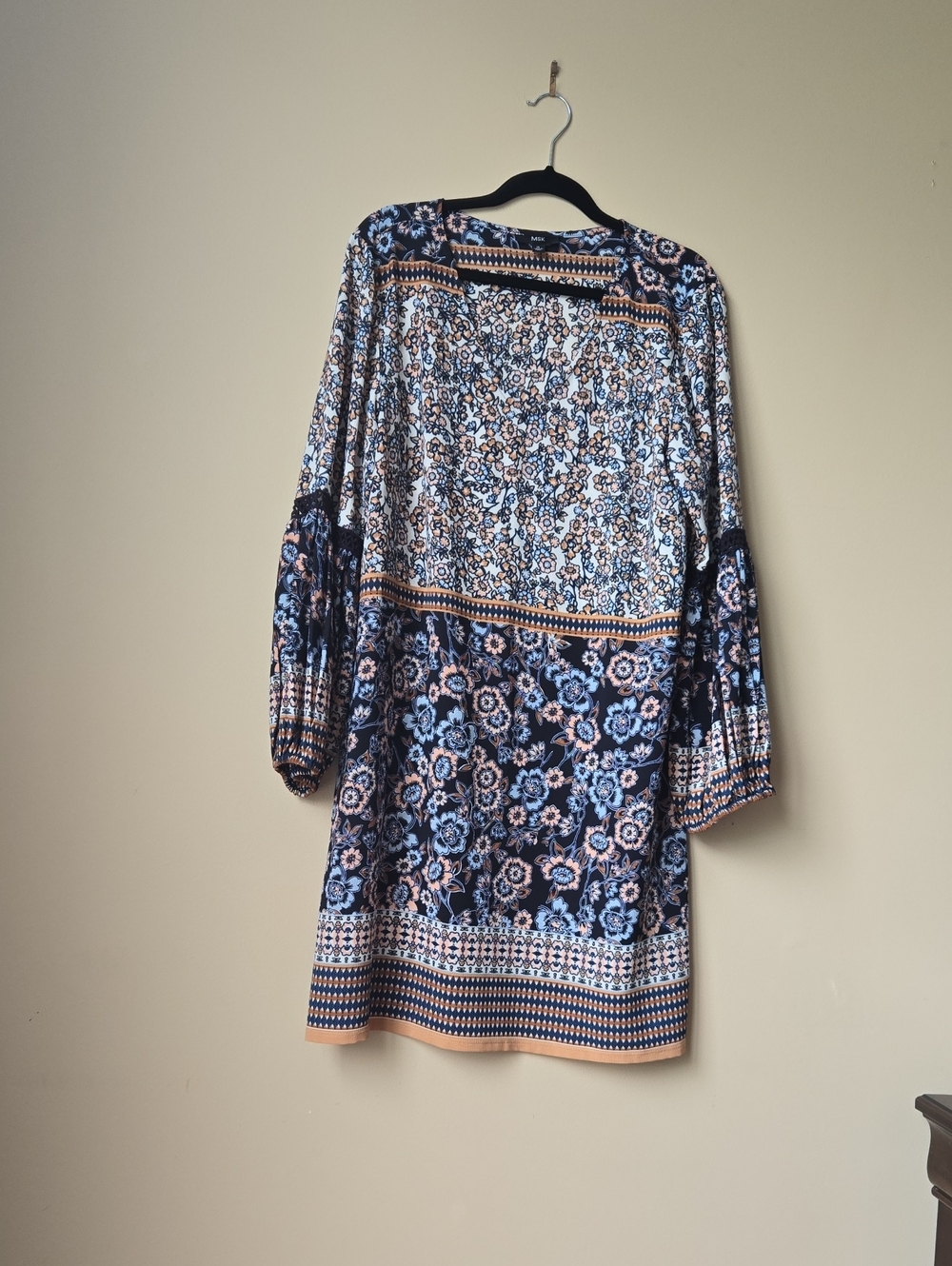 MSK Navy and Light Blue Floral Border Long Sleeve Dress